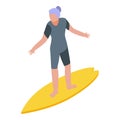 Woman retirement surfing icon, isometric style