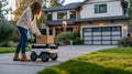 Woman Retrieving a Package From a Futuristic Delivery Robot. Future Of Delivery