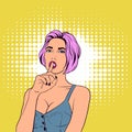 Woman in retro pop art style. The girl calls for silence. Royalty Free Stock Photo