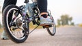 Woman ride the folding bike in countryside Royalty Free Stock Photo