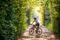 Woman rides bicycle in the beautiful green forest Royalty Free Stock Photo