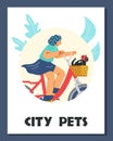 Woman rides a bicycle with a cat in a basket, vector card template