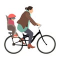 Woman rides a bicycle with child on baby seat flat style vector illustration