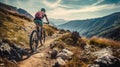 Woman rides sports bike on mountain trail, person on bicycle in summer