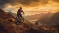 Woman rides sports bike in mountains, cyclist on rock top at sunset