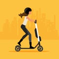 Woman ride electric scooter in a yellow cityscape background