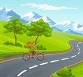 Woman riding bicycle on asphalt road near green trees, hills at snowy mountains background