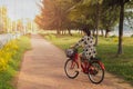 Woman riding bicycle on bike lane outdoors on seaside.. Royalty Free Stock Photo