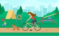 A woman riding on a bicycle, the dog runs. Dog training park with sport equipment. . Cynology. Flat vector.