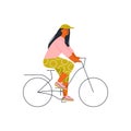 Woman riding bicycle. Female cartoon character on bike, girl cycling outdoor flat style. Vector isolated illustration Royalty Free Stock Photo