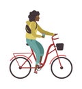 Woman riding bicycle. Young character cyclist girl rides on bike with coffee. Outdoor activities in park, healthy