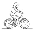 Woman riding a bicycle. Young girl wearing summer clothes. Vector monochrome, drawing by lines. Continuous line drawing Royalty Free Stock Photo