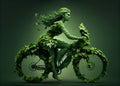 Woman riding a bike covered with green leaves, eco and environment concept, sustainable transport and travel, bicycle day