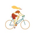 Woman riding a blue city bike. Vector illustration.