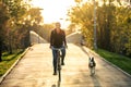 Woman riding a bycicle with the company of a dog in a bridge of a park Royalty Free Stock Photo