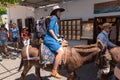 Woman riding donkey. Using donkey taxi to the Acropolis is a popular tourist attraction in Lindos