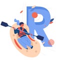 Woman riding down large letter R on rafting boat. Concept sport illustration about healthy lifestyle and extreme activities Royalty Free Stock Photo