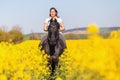 Woman riding a Friesian horse Royalty Free Stock Photo