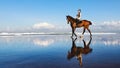 Woman riding horse on beach along sea by water pool