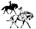 Woman riding horse black vector outline and silhouette Royalty Free Stock Photo