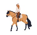Woman riding horse. Stallion trotting with equestrian on horseback. Equine stroll, horseriding hobby, activity. Happy