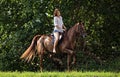 Woman riding horseback through forest Royalty Free Stock Photo