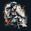 a woman riding a motorcycle with a helmet on her head and a paint splattered background behind her Royalty Free Stock Photo