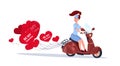 Woman Riding Retro Motor Bike With Heart Shaped Air Balloons Happy Valentines Day Concept Royalty Free Stock Photo