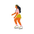 Woman riding roller skate. Abstract female character roller blading, girl roller skates outdoor. Vector illustration