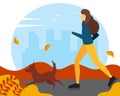 Woman riding on roller skates with the dog in the park. Vector autumn illustration in flat style. Royalty Free Stock Photo
