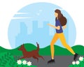 Woman riding on roller skates with the dog in the Park. Vector illustration in flat style. Royalty Free Stock Photo