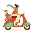 Girl with Greyhound Dog in Basket Ride Scooter