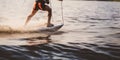 Woman riding water skis closeup. Body parts without a face. Athlete water skiing and having fun. Generative AI