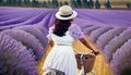 a woman riding a white bicycle around a field