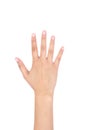 Woman right hand showing the five fingers isolated.