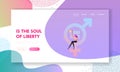 Woman Rights, Emancipation and Feminism Landing Page Template. Tiny Female Sit on Huge Combined Symbol Venus and Mars Royalty Free Stock Photo