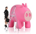 Woman rises up on the stepladder near piggy bank Royalty Free Stock Photo