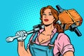 Woman road worker Builder with jackhammer Royalty Free Stock Photo