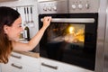 Woman Roasting Chicken Meat In Oven