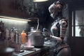 Woman robot cooks in kitchen, humanoid AI android stands at stove, generative AI