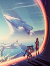 A woman and robot looking outside the window that has the massive starship is flying up and the urban scenery on another planet