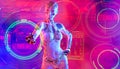 Woman robot and neon holographic display