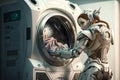 Woman robot and washing machine, humanoid AI android works laundry, generative AI