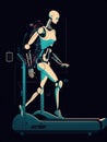 A woman with a robotic arm and leg is seen running at full speed on a treadmill pushing the boundaries of the human body