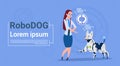 Woman With Robotic Dog Updating Interface Animal Modern Robot Pet Artificial Intelligence Technology