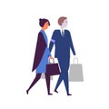 Woman and robotized assistant with shopping bags flat vector illustration. Robots in daily human life. AI helper