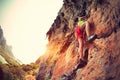 Woman rock climber climbing at seaside mountain rock Royalty Free Stock Photo