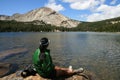 Woman on rock by lake