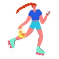 Woman on roller skates.Woman with eco-bag and phone.The concept of a healthy lifestyle and ecology