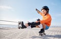 Woman, rollerskate and happy summer energy cardio sport with smile, balance or learning. Female fitness, cool strong